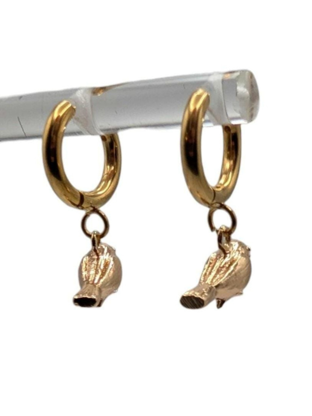 Gold Tone Bird Hoop Earrings Sparrow Charm Hoops Dainty Huggie Earrings - Picture 4 of 4